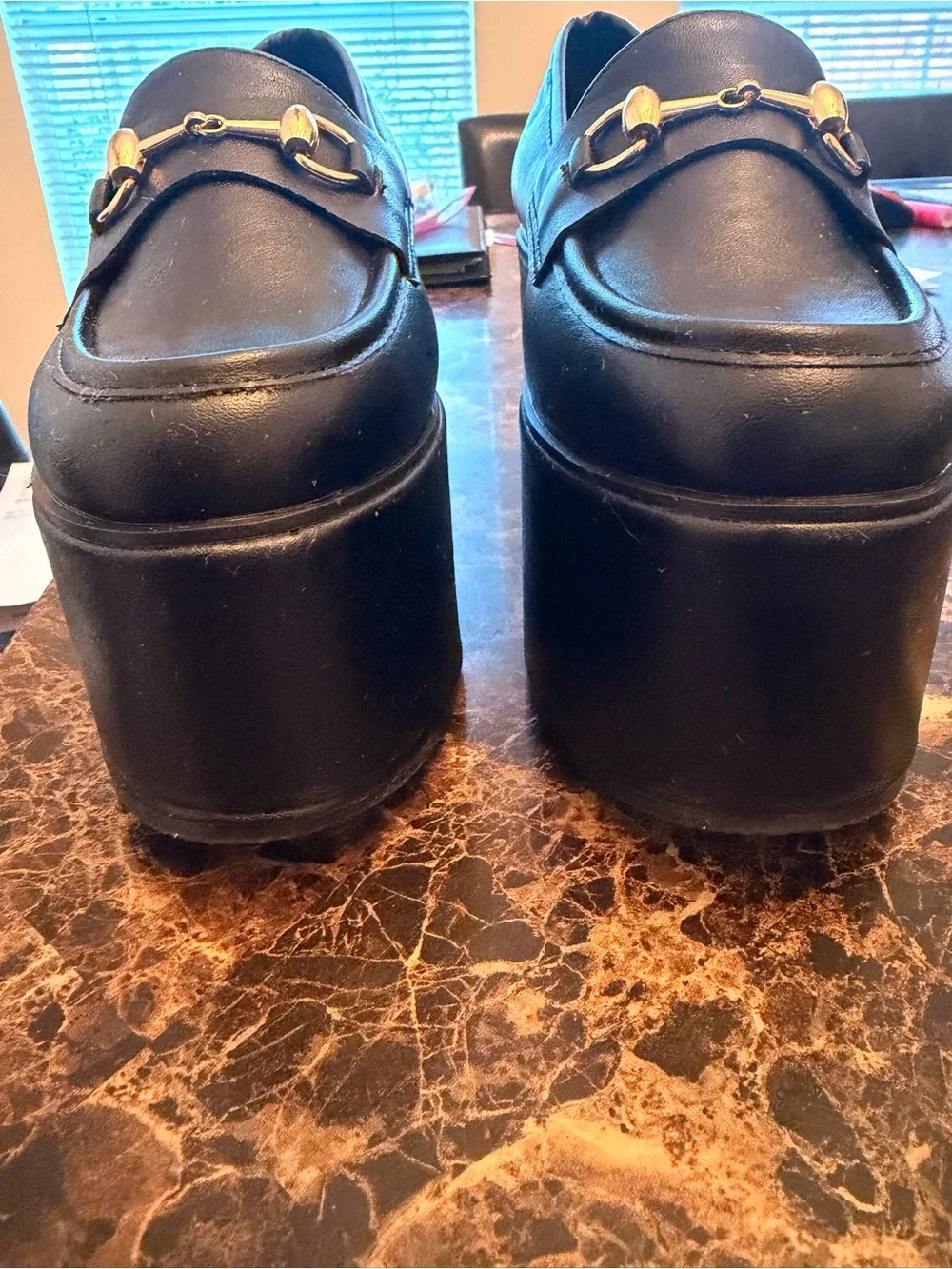 NIB Ultra Chunky Platform Loafers Shoedazzle Roxi Black Gold Horsebit Sz 7